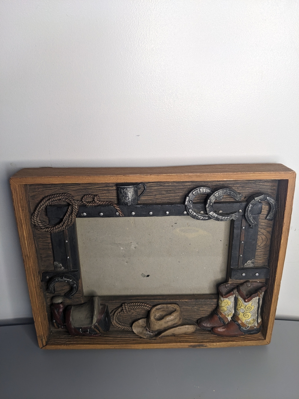 Cowboy Photo Frame Wood Heavy Glass Rodeo Memories Cowgirl Western Hanger